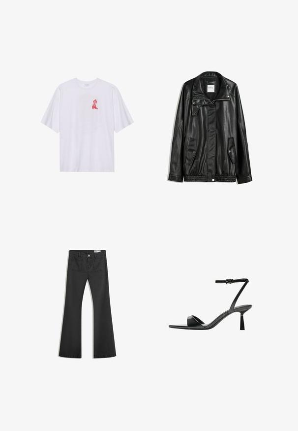 Černá kožená bunda s zipovým zapínáním, zapínáním na cvoky, dvěma bočními kapsami a elastickým lemem. Obsahuje strukturovaný límec a hladkou texturu.; Bílý bavlněný tričko s krátkými rukávy, s grafickým motivem červeného kovbojského boty na levé straně hrudi. Měkčí textura, volný střih.; Černé rozšířené džíny vyrobené z jemného džínsového materiálu, se dvěma zadními kapsami a zapínáním na knoflík v pase.; Bershka Sandály na vysokém podpatku - black