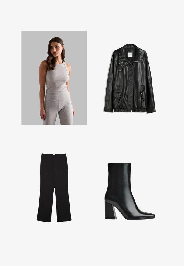 Schwarze Lederjacke mit Reißverschluss vorne, Knopfverschluss, zwei seitlichen Taschen und elastischem Saum. Verfügt über einen strukturierten Kragen und eine glatte Textur.; Graues geripptes Tanktop mit Rundhalsausschnitt, kombiniert mit passenden hochgeschnittenen Leggings, die eine glatte Textur und eine figurbetonte Passform aufweisen.; Schwarze Hose mit geradem Schnitt, ausgestattet mit Fronttaschen und Seitenschlitzen am Saum. Hergestellt aus weichem, glattem Stoff. Geeignet für verschiedene Anlässe.; Schwarze Leder-Ankle Boots mit spitzer Zehenpartie und hohem Blockabsatz. Glatte Textur mit einem eleganten Silhouette und einem soliden Basiskonzept.