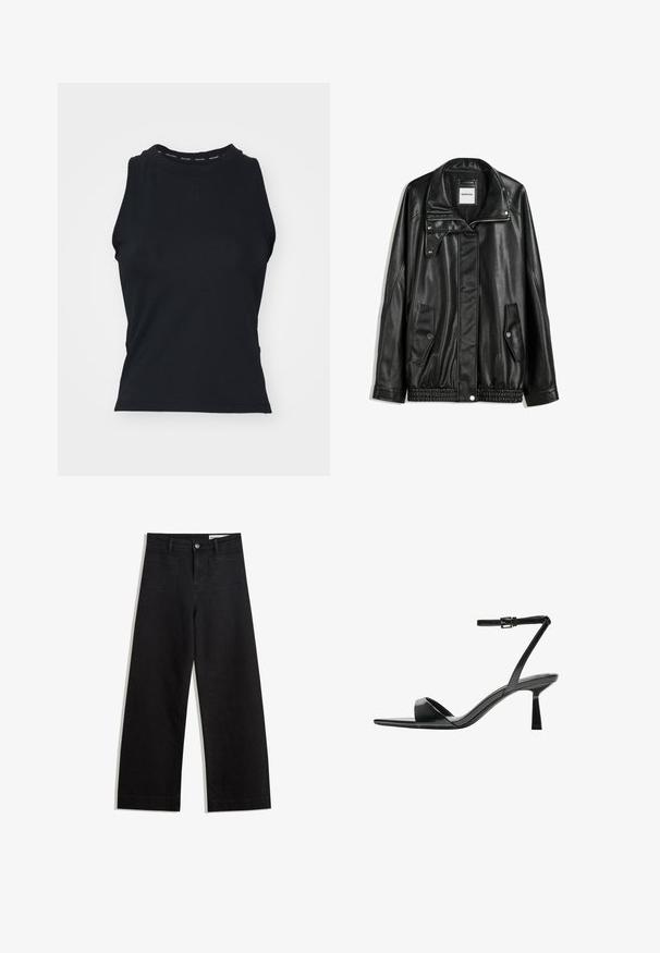 Giubbotto in pelle nera con zip frontale, chiusura a bottoni a pressione, due tasche laterali e orlo elasticizzato. Presenta un colletto strutturato e una texture liscia.; Top nero senza maniche con un colletto alto. Realizzato in un tessuto liscio e elasticizzato con un logo stampato sul colletto. Design minimalista.; Pantaloni in denim neri a gamba larga con vita alta, dotati di tasche anteriori e posteriori, cuciture a punto, e chiusura con bottone. Texture liscia.; Bershka Sandali con tacco - black