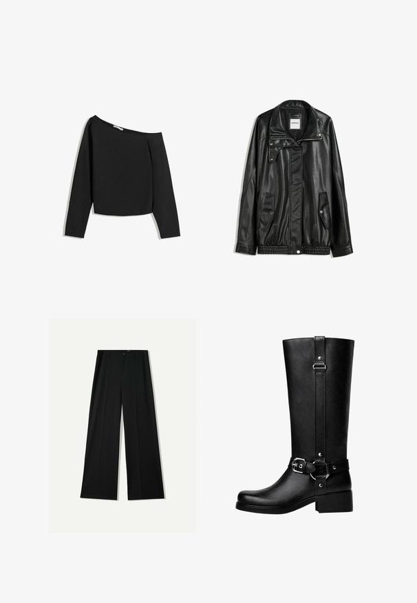 Fekete bőrkabát cipzáros elejével, patentos záródással, két oldalsó zsebbel és elasztikus aljjal. Struktúrált gallérral és sima textúrával rendelkezik.; Fekete, váll nélküli, hosszú ujjú blúz, puha anyagból készült. Rövidített fazonú, széles nyakkivágással és testhez simuló ujjakkal rendelkezik.; Bershka WIDE - Nadrágok - black; Magas fekete műbőr csizma lekerekített orral, kiemelkedő övcsattal és vastag sarokkal. Sima textura és függőleges varrás a szárán.