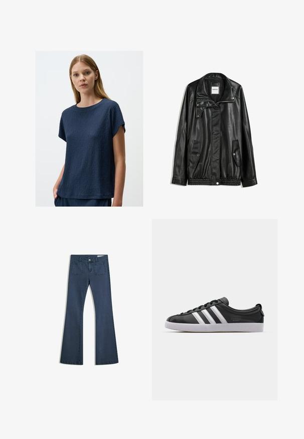 Czarna skórzana kurtka z zamkiem błyskawicznym z przodu, z zapięciem na napy, dwoma bocznymi kieszeniami i elastycznym dołem. Ma wyprofilowany kołnierz i gładką teksturę.; Granatowa, teksturowana bluzka z krótkim rękawem i okrągłym dekoltem, o nieco luźnym fasonie oraz delikatnym, wypukłym wzorze na całej powierzchni materiału.; Ciemnoniebieskie dżinsy typu dzwony z przeszytymi kieszeniami, zapięciem na guzik i gładką fakturą. Posiadają klasyczny pięciokieszeniowy fason.; Czarny skórzany tenisówka z białym wzorem trzech pasków, okrągłym noskiem, płaską białą gumową podeszwą i detalem z logo po boku.