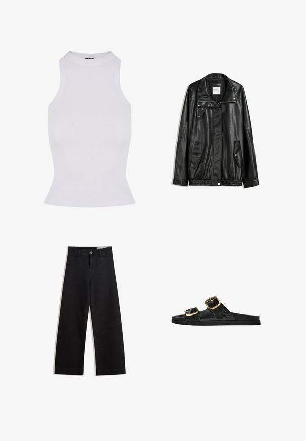 Black leather jacket with zippered front, snap-button closure, two side pockets, and elasticized hem. Features a structured collar and smooth texture.; White ribbed tank top with high neckline, sleeveless design, fitted shape, and a slightly flared hem, made from stretchy fabric.; Black wide-leg denim pants with a high waist, featuring front and back pockets, stitched seams, and a button closure. Smooth texture.; Black slide sandal with two gold buckle accents, smooth textured material, flat sole, and a minimalist design.
