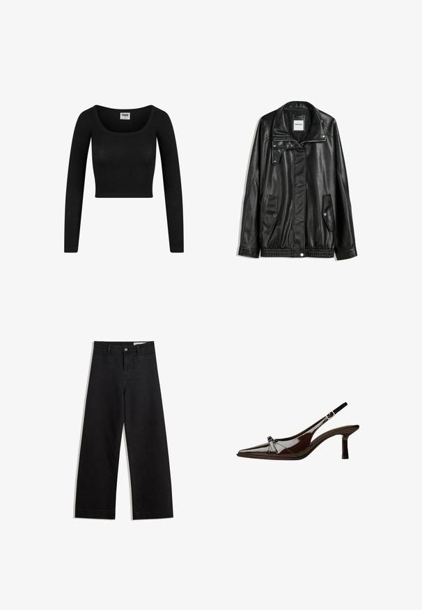 Jachetă din piele neagră cu fermoar frontal, închidere cu capse, două buzunare laterale și tiv elastic. Prezintă un guler structurat și o textură netedă.; Top scurt negru cu mâneci lungi și decolteu rotund, realizat dintr-un material ribbed. Are o siluetă ajustată și o textură moale.; Pantaloni din denim negri cu picioare largi, cu talie înaltă, având buzunare frontale și posterioare, cusături dublate și închidere cu nasture. Textură netedă.; Pantofii slingback din piele lăcuită maro, cu vârf ascuțit, toc mic și un accent decorativ sub formă de fundă în față. Textură netedă și strălucitoare.