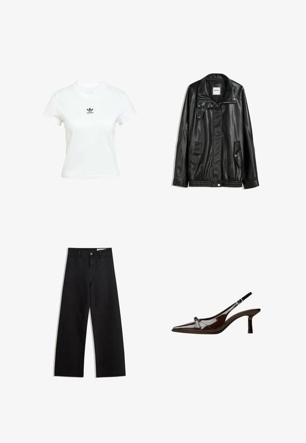 Czarna skórzana kurtka z zamkiem błyskawicznym z przodu, z zapięciem na napy, dwoma bocznymi kieszeniami i elastycznym dołem. Ma wyprofilowany kołnierz i gładką teksturę.; Biała bawełniana koszulka z krótkim rękawem i okrągłym dekoltem. Posiada czarne logo Adidas nadrukowane na piersi. Prosty, minimalistyczny design.; Czarne dżinsowe spodnie o szerokich nogawkach i wysokim stanie, z przednimi i tylnymi kieszeniami, przeszyciami oraz zapięciem na guziki. Gładka struktura.; Brązowe lakierowane sandały z odkrytymi palcami, o spiczastym nosku, niskim obcasie i ozdobnym kokardkowym akcentem z przodu. Gładka, błyszcząca tekstura.