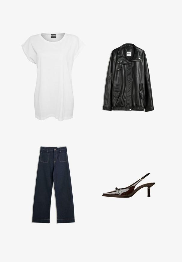 Jachetă din piele neagră cu fermoar frontal, închidere cu capse, două buzunare laterale și tiv elastic. Prezintă un guler structurat și o textură netedă.; Tricou alb cu mânecă scurtă, realizat din bumbac, cu o croială lejeră, decolteu larg și un design minimalist, fără modele sau accente.; Jeans largi de culoare albastru închis, din denim, cu cusături de un bej contrastant, două buzunare la spate și încheiere cu nasture la talie.; Pantofii slingback din piele lăcuită maro, cu vârf ascuțit, toc mic și un accent decorativ sub formă de fundă în față. Textură netedă și strălucitoare.
