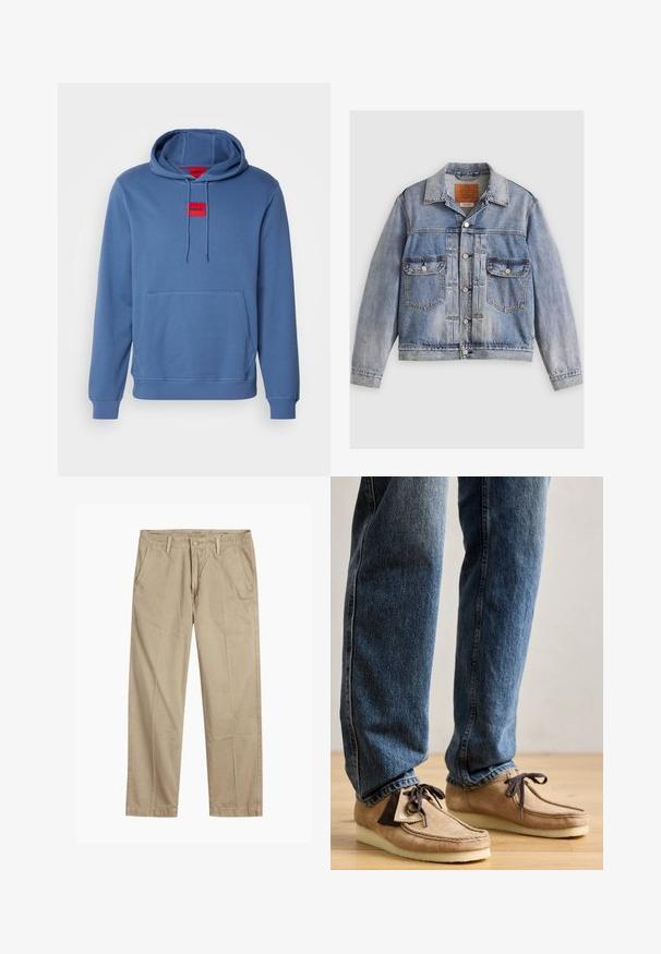 Jachetă din denim albastru deschis, cu un guler clasic, două buzunare pe piept și închidere cu nasturi. Textură uzată, cu zone estompate și cusături vizibile.; Hanorac albastru din bumbac cu glugă în straturi duble, buzunar tip kengur, și patch cu logo-ul roșu HUGO. Mansete și tiv cu nervuri pentru o potrivire confortabilă.; Chino bej cu picior drept, cu bucle pentru curea, închidere cu nasture și fermoar în față, și buzunare laterale înclinate.; Mocasin din suede de culoare bej cu accente de maro închis, vârf rotunjit și talpă moale albă. Prezintă un design cu șireturi și detalii cusute.