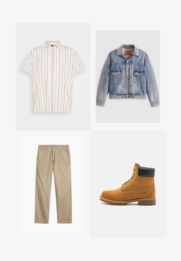 Világoskék farmerdzseki klasszikus gallérral, két mellzsebbel és gombos zárással. Megkopott textúra, elhalványult részekkel és látható varrásokkal.; Rövid ujjú, gombos ing fehér anyagból, keskeny, függőleges piros csíkokkal. Klasszikus gallér és egyenes szegély kialakítás.; Beige egyenes szárú chino nadrág övhurkokkal, elülső gombos és cipzáras záródással, valamint ferde elülső zsebekkel.; Barna velúr bokacipő fekete párnázott gallérral, arany fém fűzőlyukakkal, fehér varrási részletekkel és durva gumitalppal, amelynek kifejezett barázdái vannak.