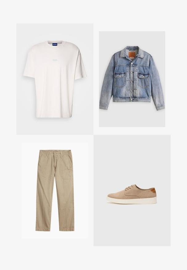 Hele sinine teksajakk, millel on klassikaline krae, kaks rinna taskut ja nööbid. Kulunud tekstuur, pleekinud alad ja nähtavad õmblused.; Valge puuvillane t-särk lühikeste varrukatega, lõdva istuvusega ja kergelt sinine "HUGO" logo trükiga keskel. Sile tekstuur, ümara kaelusega.; Beeži sirged säärte chinos-püksid, millel on vööloopide, esipainutatud nupud ja tõmblukk ning kaldega esikotid.; Beežid nahast tossud ümarate varvastega, paeltega esiosa ja tekstuuriga tagakontuuriga. Valge kummist tallapakkumine loob kontrasti. Lihtne ja kaasaegne disain.