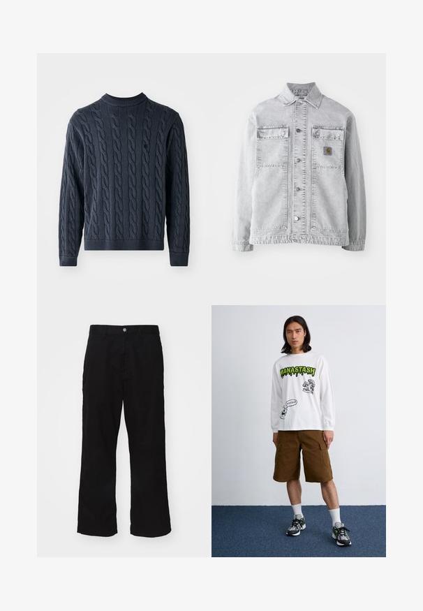 Gaišs pelēks denima jaka ar punkta apkakli, divām priekšējām kabatām, spiedpogu aizdari un diskrētu логотипa plāksteri uz krūtīm.; Jūras spēku zila adīta džemperis ar kabeli rakstu, apaļu kaklu un ribotu piegriezumu uz piedurknēm un apakšmalu. Izgatavots no teksturēta auduma, lai nodrošinātu siltumu.; Melnas platās bikses, izgatavotas no kokvilnas un sintētisko šķiedru maisījuma, ar pogu aizdari un taisnu griezumu, ar minimāli redzamām šuvēm.; Garā piedurkņu baltā T-kreklā ar melniem un zaļiem grafiskajiem attēliem, apvienots ar brūnām cargo šortiem un daudzkrāsu kedām. Vienkārša fona.