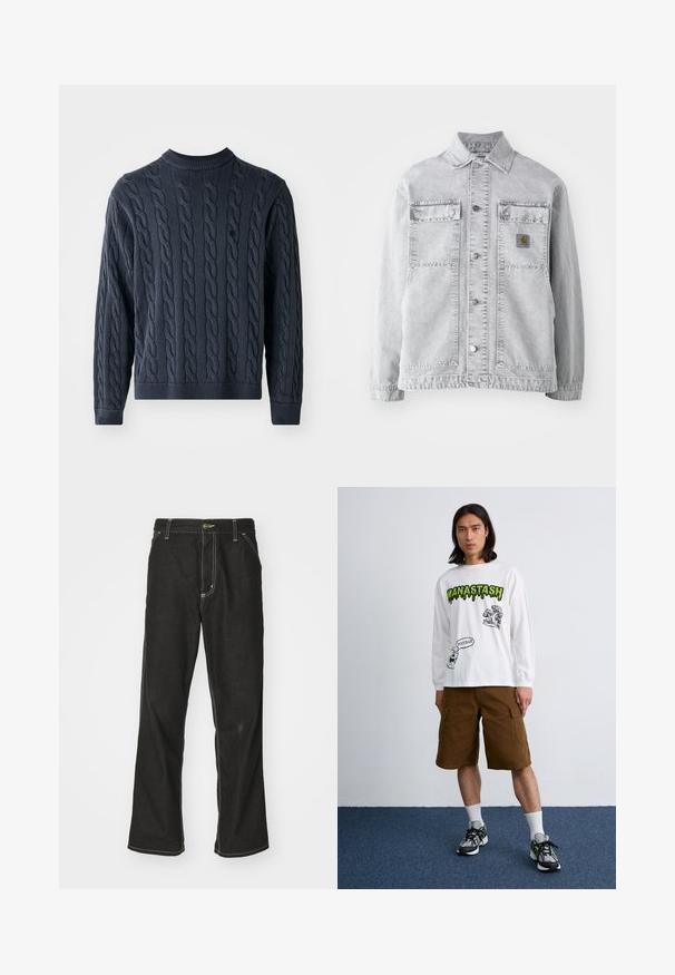 Light gray denim jacket featuring a point collar, two front pockets, snap buttons, and a subtle logo patch on the chest.; Navy blue knitted sweater featuring a cable pattern, crew neck, and ribbed cuffs and hem. Made of textured fabric for warmth.; Black denim jeans with a loose fit, featuring contrasting white stitching, a button closure, and a straight leg design.; Long-sleeve white t-shirt with black and green graphics, paired with brown cargo shorts and multicolored sneakers. Plain background.