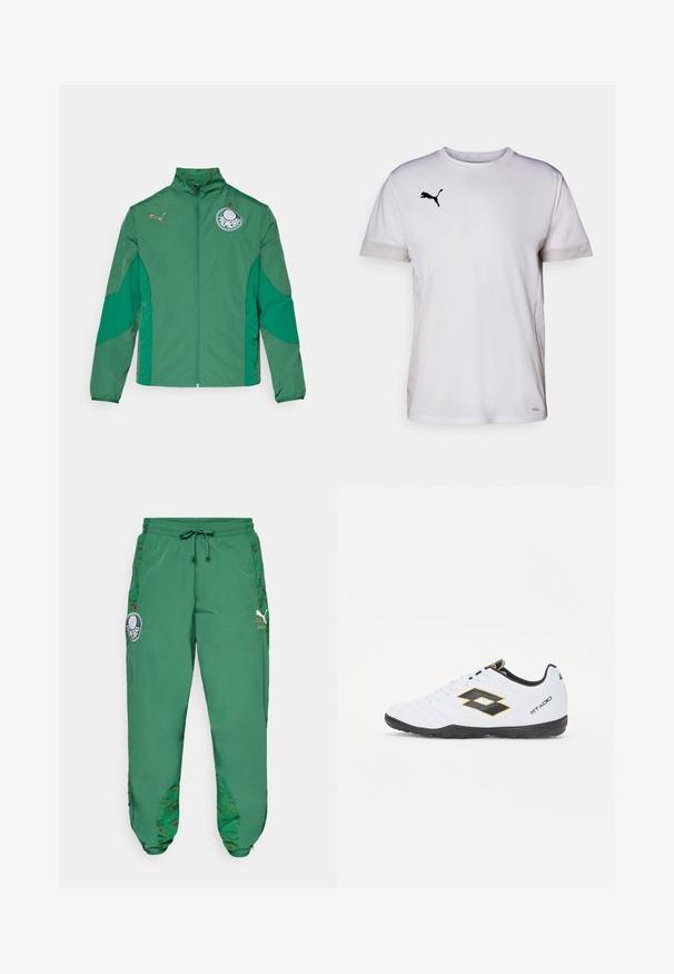 Casaco PUMA verde com colarinho alto, fecho com zip e logo no peito. Textura suave com painéis em verde escuro contrastantes.; Camisola atlética branca de manga curta com decote redondo, apresentando detalhes em malha respirável nas laterais e um logo da Puma em preto no peito.; Calças de treino verdes em material leve, com cintura ajustável por cordão, detalhes em camuflagem e um emblema na coxa esquerda.; Sapatilhas brancas com detalhes em preto e amarelo, apresentando um cabedal texturizado, biqueira redonda e sola em borracha preta. O design inclui um detalhe de logótipo de lado.
