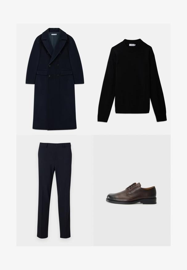 Sötétkék, dupla gombolású, hosszú gyapjúkabát széles hajtókákkal és zsebekkel, hideg időjárásra tervezve.; Fekete pulóver bordázott, kerek nyakkivágással, hosszú ujjal és texturált kötésmintával. Nincsenek látható logók vagy díszítések.; Sötétkék nadrág sima textúrával, egyenes szárú dizájnnal, gombos záródással és elülső zsebekkel; szabott fazonra tervezve.; Barna bőr cipő, lekerekített orral, alacsony sarokkal, fűzős kialakítással és sima felülettel. Jellemzi a minimális varrás és a fényes kivitel.