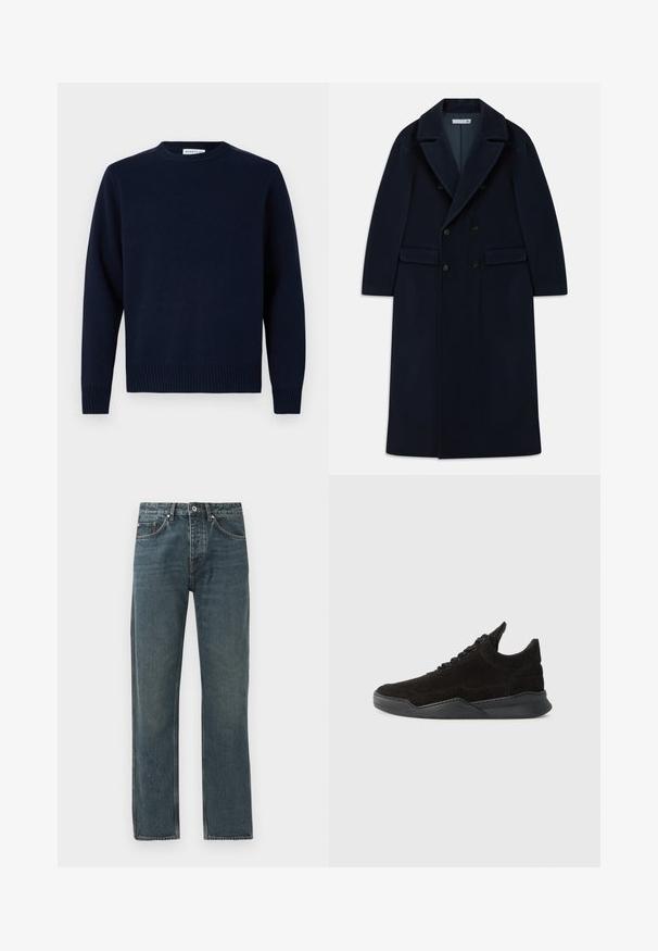 Sötétkék, dupla gombolású, hosszú gyapjúkabát széles hajtókákkal és zsebekkel, hideg időjárásra tervezve.; Tengerészkék pulóver kerek nyakkivágással, bordázott mandzsettával és szegéllyel. Puha kötött anyagból készült, egyszerű, klasszikus dizájnnal rendelkezik.; Sötétkék farmernadrág egyenes lábbal, öt zsebbel, gombos záródással és kontrasztos varrási részletekkel.; Fekete nubuk sportcipő alacsony profilú, texturált felsőrésszel, lapos fűzőkkel és szilárd gumitalppal, amely enyhe sarkot és ívelt formát tartalmaz.