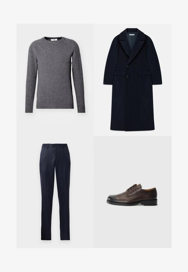 Sötétkék, dupla gombolású, hosszú gyapjúkabát széles hajtókákkal és zsebekkel, hideg időjárásra tervezve.; Szürke kötött pulóver, kerek nyakkivágással, hosszú ujjakkal, bordás mandzsettákkal és hemmel, puha, texturált anyagból készült. Nincsenek látható minták vagy díszítések.; Sötétkék nadrág egyenes szárú fazonnal, elasztikus derékrésszel, sima előlappal és egy gombos zárással. Sima szövettextúra.; Barna bőr cipő, lekerekített orral, alacsony sarokkal, fűzős kialakítással és sima felülettel. Jellemzi a minimális varrás és a fényes kivitel.