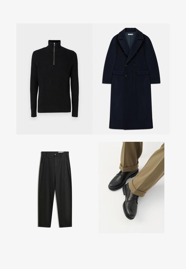 Sötétkék, dupla gombolású, hosszú gyapjúkabát széles hajtókákkal és zsebekkel, hideg időjárásra tervezve.; Fekete bordázott garbó pulóver negyedcipzáras kialakítással és hosszú ujjakkal. Texturált anyagból készült, függőleges bordázással.; Fekete pamut nadrág laza szabással, klasszikus derékrésszel, elülső hajtásokkal és oldalsó zsebekkel. Simább textúra minta nélkül.; Fekete bőröntyös cipők sima felülettel, fűzővel és kerek orral, feltekerhető khaki nadrággal párosítva.
