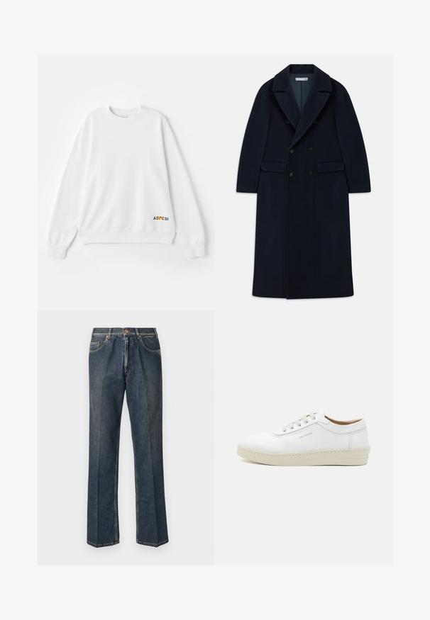 Cappotto lungo in lana doppiopetto di colore blu navy con ampi risvolti e tasche a pattina, progettato per il freddo.; Felpa bianca con collo a giro, polsini e fondo a costine. Caratterizzata dal logo "ASPESI" in nero e giallo sul lato sinistro inferiore. Texture morbida.; Jeans in denim blu scuro a gamba dritta con bottone frontale, zip, doppie tasche anteriori e pieghe verticali visibili lungo le gambe.; Sneaker bianca in pelle con finitura testurizzata, punta rotonda, suola in gomma beige e sei occhielli per lacci grigi, con un branding discreto sul lato.