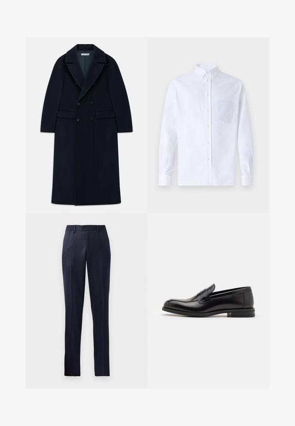 Manteau long en laine bleu marine à double boutonnage avec larges revers et poches à rabat, conçu pour les temps froids.; Chemise blanche à manches longues avec boutons en coton, présentant une poche poitrine avec broderie ton sur ton, un col et des poignets boutonnés.; Pantalon bleu marine avec une coupe droite, taille élastique, devant plat et fermeture à un bouton. Tissu lisse.; Mocassins en cuir noir avec une texture lisse, bout rond et une sangle décorative sur le dessus. Talon bas empilé, design minimaliste.