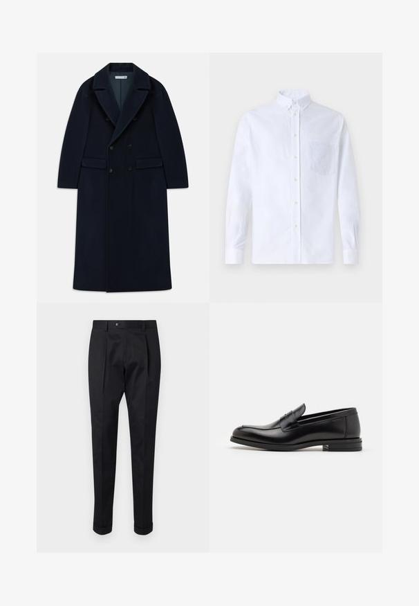 Ναυτικό μπλε διπλής όψης μακρύ παλτό από μαλλί με φαρδιές πέτες και τσέπες με καπάκι, σχεδιασμένο για κρύες καιρικές συνθήκες.; Λευκό πουκάμισο με μακρύ μανίκι, φτιαγμένο από βαμβάκι, με τσέπη στο στήθος με τονικό κέντημα, γιακά και κουμπιά στους μανικέτες.; Μαύρο παντελόνι από μαλακό ύφασμα, με πλαϊνές πιέτες στο μπροστινό μέρος, κουμπί κλεισίματος και διπλωμένα μανίκια στον αστράγαλο.; Μαύρες δερμάτινες μπαλαρίνες με λεία υφή, στρογγυλή μύτη και διακοσμητική ταινία πάνω από το επάνω μέρος. Χαμηλός καπιτώνας, μινιμαλιστικός σχεδιασμός.