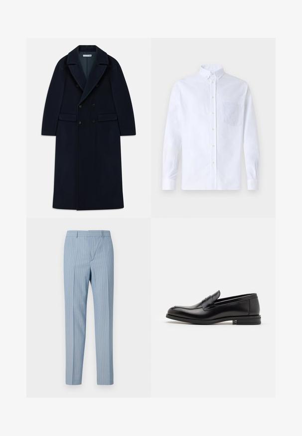 Manteau long en laine bleu marine à double boutonnage avec larges revers et poches à rabat, conçu pour les temps froids.; Chemise blanche à manches longues avec boutons en coton, présentant une poche poitrine avec broderie ton sur ton, un col et des poignets boutonnés.; Pantalons rayés bleu clair à coupe slim, dotés de rayures verticales blanches. Fabriqués à partir d'un tissu lisse avec un design ajusté.; Mocassins en cuir noir avec une texture lisse, bout rond et une sangle décorative sur le dessus. Talon bas empilé, design minimaliste.