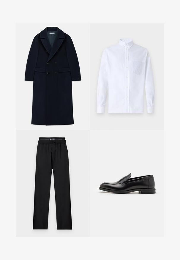 Marineblauer doppelt knöpfbarer, langer Wollmantel mit breiten Revers und Klappentaschen, entworfen für kaltes Wetter.; Weißes Langarm-Hemd mit Knöpfen aus Baumwolle, ausgestattet mit einer Brusttasche mit tonalem Stickerei, einem Kragen und Knopfmanschetten.; Schwarze Hosen mit lockerer Passform, elastischem Taillenbund, verstellbarem Kordelzug und Seitentaschen. Aus glattem, ungemustertem Stoff hergestellt.; Schwarze Lederloafers mit glatter Textur, rundem Zehenbereich und einem dekorativen Riemen über dem Vorderfuß. Niedriger, gestapelter Absatz, minimalistisches Design.