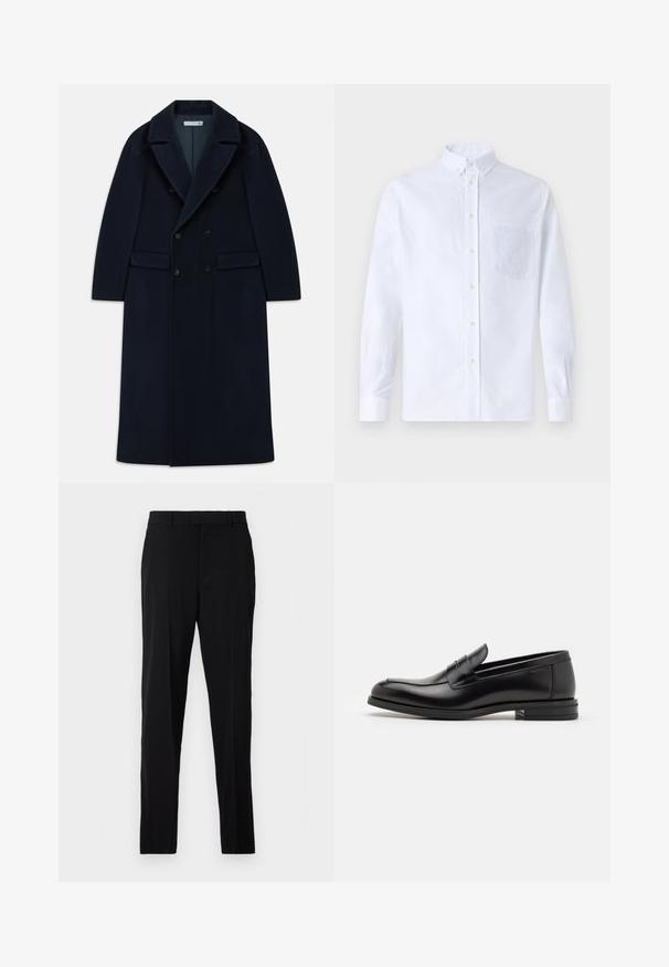 Navy blue double-breasted long wool coat with wide lapels and flap pockets, designed for cold weather.; White long-sleeve button-up shirt made of cotton, featuring a chest pocket with tonal embroidery, a collar, and button cuffs.; Black trousers made of smooth fabric, featuring a straight cut, belt loops, a zip fly, and side pockets for functionality.; Black leather loafers with a smooth texture, rounded toe, and a decorative strap across the vamp. Low stacked heel, minimalist design.