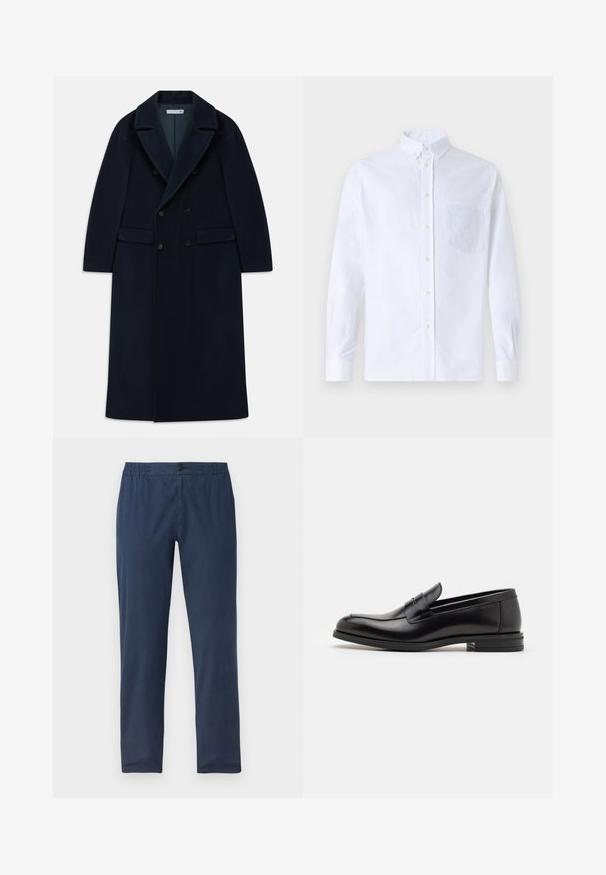 Marineblauwe dubbelknoop lange wollen jas met brede revers en klepzakken, ontworpen voor koud weer.; Witte lange mouwen overhemd van katoen, met een borstzak met tonale borduring, een kraag en knopenmanchetten.; Marineblauwe broek met een relaxed fit, voorzien van een elastische tailleband, een knoopsluiting en een gladde stof met minimale textuur.; Zwarte leren instappers met een gladde textuur, ronde neus en een decoratieve band over de wreef. Lage, gestapelde hak en minimalistisch ontwerp.
