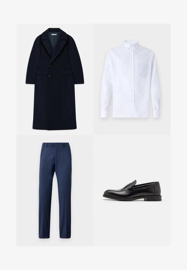 Navy blue double-breasted long wool coat with wide lapels and flap pockets, designed for cold weather.; White long-sleeve button-up shirt made of cotton, featuring a chest pocket with tonal embroidery, a collar, and button cuffs.; Men's navy blue tailored suit trousers with belt loops and a front fly closure, displayed against a white background.; Black leather loafers with a smooth texture, rounded toe, and a decorative strap across the vamp. Low stacked heel, minimalist design.