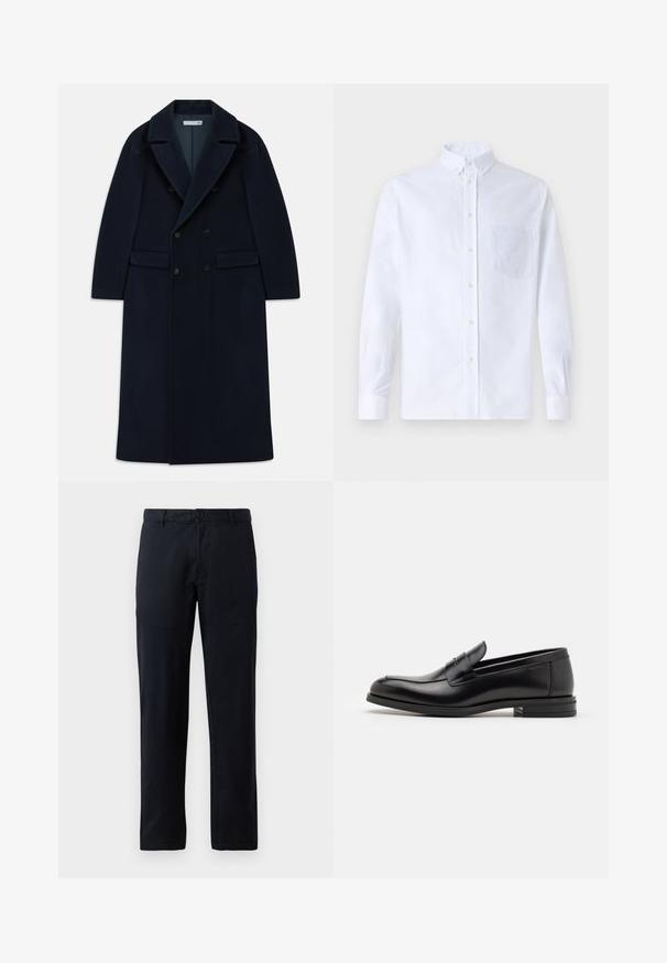 Tummansininen kaksirivinen pitkä villakangastakki leveillä lämmittävillä kauluksilla ja läpällisillä taskuilla, suunniteltu kylmää säätä varten.; Valkoinen pitkähihaista napillista paitaa, joka on valmistettu puuvillasta. Paita sisältää rinnan kohdalla taskun, jossa on samaa sävyä oleva brodeeraus, kauluksen sekä napilliset hihansuut.; Musta suora lahje housut, valmistettu sileästä kankaasta. Varustettu yhdellä nappisuljennalla ja vyölenkeillä, ilman näkyviä kuvioita tai koristeita.; Mustat nahkakengät, joissa on sileä pinta, pyöreä kärki ja koristeellinen nauha jalkapöydän yli. Matala pinoitu koroke, minimalistinen muotoilu.