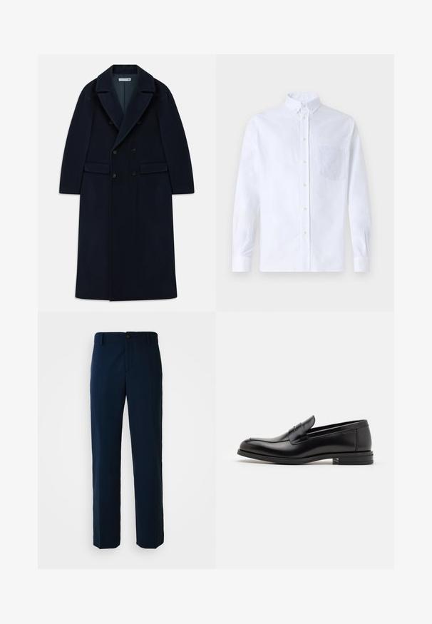 Granatowy, podwójnie zapięty długi płaszcz wełniany z szerokimi klapami i kieszeniami z klapami, zaprojektowany na zimną pogodę.; Biała koszula z długim rękawem na guziki, wykonana z bawełny, z kieszonką na piersi z tonowym haftem, kołnierzykiem i zapięciem na guziki przy mankietach.; Granatowe spodnie wykonane z gładkiego materiału, o prostym kroju nogawek, z kieszeniami z przodu i zapięciem na guzik w talii.; Czarne skórzane mokasyny o gładkiej fakturze, zaokrąglonym nosku i dekoracyjnym pasku na przodzie. Niski, warstwowy obcas, minimalistyczny design.