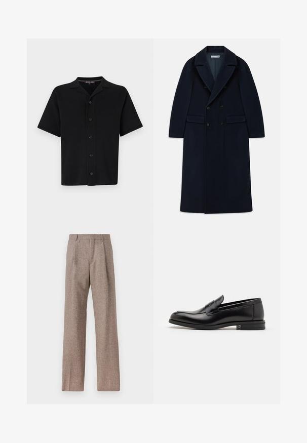 Sötétkék, dupla gombolású, hosszú gyapjúkabát széles hajtókákkal és zsebekkel, hideg időjárásra tervezve.; Fekete, rövid ujjú, gombos ing, puha anyagból készült. Színleves nyakkal és hat elülső gombbal rendelkezik, egyenes szabású, és nincs rajta látható minta.; Barna, magas derekú nadrág texturált anyagból. Széles szárai és két elülső redője biztosítja a struktúrát. Ízléses kivitel, látható fémszerelés nélkül.; Fekete bőr loaferek sima textúrával, kerek orral és dekoratív pánttal a vampnál. Alacsony, rétegelt sarkú, minimalista dizájn.