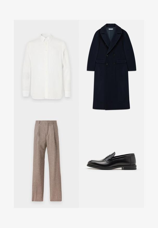 Námornícky modrý dvojradový dlhý vlněný kabát so širokými klopami a vreckami s chlopňami, navrhnutý do chladného počasia.; Biela košeľa s dlhým rukávom vyrobená z ľahkej látky, s klasickým stojacím golierom, zapínaním na gombíky a rovný strih spodnej časti. Hladká textúra.; Hnedé, vysoké nohavice vyrobené z texturovanej látky. Majú široké nohavice a dva predné záhyby pre štruktúru. Úhľadné spracovanie bez viditeľného kovania.; Čierne kožené mokasíny s hladkou textúrou, zaoblenou špičkou a dekoračným pásikom cez priehlavok. Nízky vrstvený opätok, minimalistický dizajn.