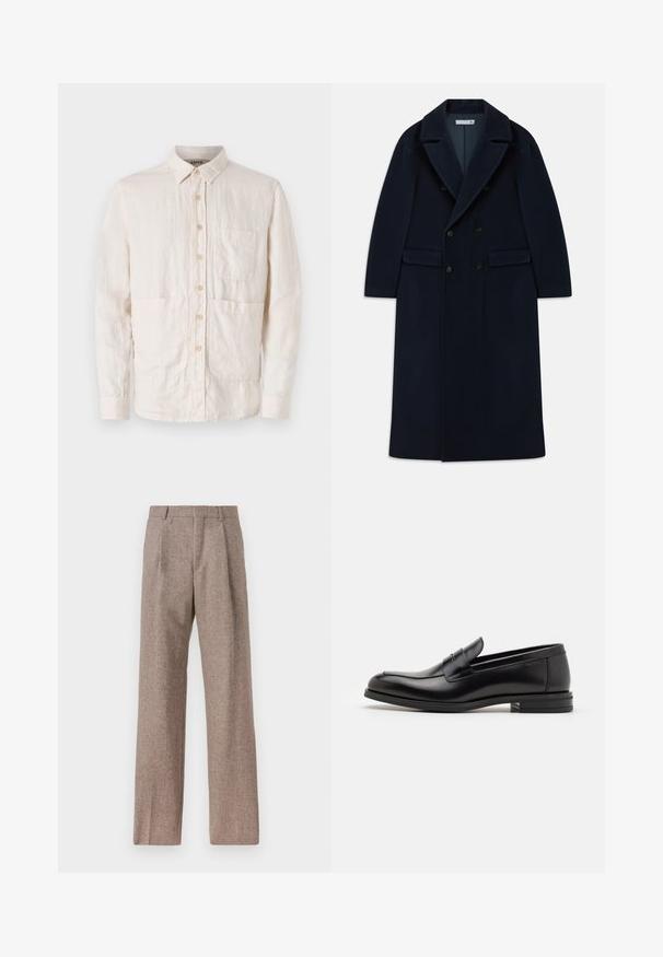 Manteau long en laine bleu marine à double boutonnage avec larges revers et poches à rabat, conçu pour les temps froids.; Chemise boutonnée beige clair en tissu texturé. Elle possède un col, sept boutons à l'avant et deux poches plaquées à l'avant.; Pantalons marron taille haute en tissu texturé. Présente des jambes larges et deux plis avant pour la structure. Finition soignée sans matériel visible.; Mocassins en cuir noir avec une texture lisse, bout rond et une sangle décorative sur le dessus. Talon bas empilé, design minimaliste.