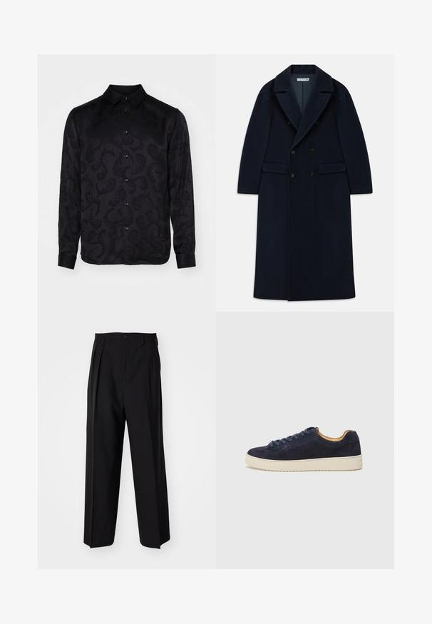 Granatowy, podwójnie zapięty długi płaszcz wełniany z szerokimi klapami i kieszeniami z klapami, zaprojektowany na zimną pogodę.; Czarna koszula z długim rękawem o subtelnym, teksturowanym wzorze paisley, z kołnierzykiem w kształcie ostrego szpica i zapięciem na guziki z przodu. Gładki materiał.; Czarne plisowane spodnie o prostym, szerokim kroju nogawek. Wykonane z gładkiego materiału, z zapięciem na guzik i pętelkami na pasek.; Granatowe zamszowe trampki niskie z okrągłym czubkiem, z off-white gumową podeszwą i pasującymi sznurówkami; mają kontrastującą tanową podszewkę wewnętrzną.