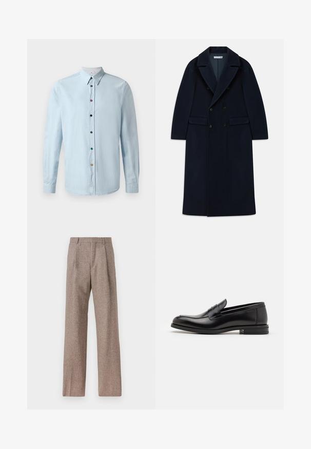 Marineblauwe dubbelknoop lange wollen jas met brede revers en klepzakken, ontworpen voor koud weer.; Lichtblauw langemouwen shirt van een zachte stof met een knoopsluiting aan de voorkant, voorzien van meerkleurige knopen en een puntige kraag.; Bruine, hooggewaisted broeken van een gestructureerde stof. Heeft wijde benen en twee voorplooien voor extra structuur. Net afgewerkt zonder zichtbare hardware.; Zwarte leren instappers met een gladde textuur, ronde neus en een decoratieve band over de wreef. Lage, gestapelde hak en minimalistisch ontwerp.