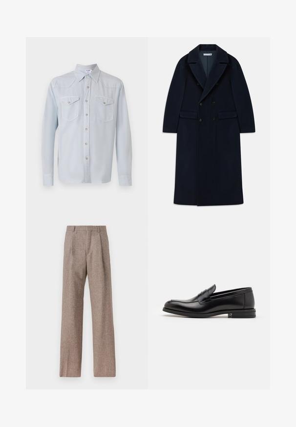 Námornícky modrý dvojradový dlhý vlněný kabát so širokými klopami a vreckami s chlopňami, navrhnutý do chladného počasia.; Svetlomodrá, dlhá košeľa s gombíkmi a golierom. Obsahuje dve náprsné vrecká, strieborné gombíky a hladkú textúru.; Hnedé, vysoké nohavice vyrobené z texturovanej látky. Majú široké nohavice a dva predné záhyby pre štruktúru. Úhľadné spracovanie bez viditeľného kovania.; Čierne kožené mokasíny s hladkou textúrou, zaoblenou špičkou a dekoračným pásikom cez priehlavok. Nízky vrstvený opätok, minimalistický dizajn.