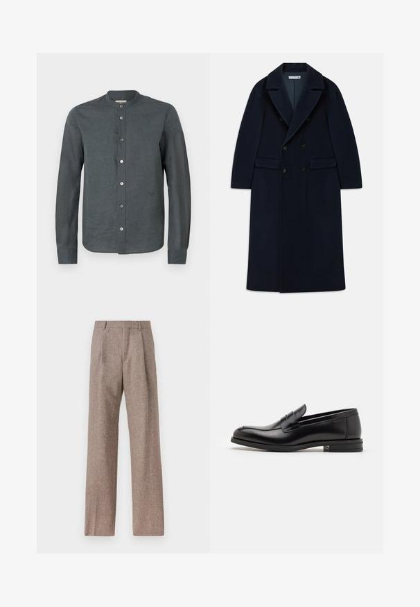 Cappotto lungo in lana doppiopetto di colore blu navy con ampi risvolti e tasche a pattina, progettato per il freddo.; Maglietta a maniche lunghe grigio scuro realizzata in un tessuto tecnico. Presenta un colletto a fascia, chiusura frontale con bottoni e un delicato dettaglio del logo sul petto.; Pantaloni marroni a vita alta realizzati in tessuto testurizzato. Presentano gambe ampie e due pieghe frontali per struttura. Rifinitura curata senza hardware visibile.; Mocassini neri in pelle con una texture liscia, punta arrotondata e una striscia decorativa sulla tomaia. Tacco basso impilato, design minimalista.