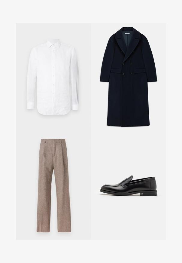 Granatowy, podwójnie zapięty długi płaszcz wełniany z szerokimi klapami i kieszeniami z klapami, zaprojektowany na zimną pogodę.; Biała lniana koszula z długim rękawem, posiadająca kołnierzyk w szpic, zapięcie na guziki oraz zaokrąglony dół z lekko fakturowaną powierzchnią.; Brązowe, wysokiej talii spodnie wykonane z teksturowanej tkaniny. Posiadają szerokie nogawki i dwa przednie zakładki dla lepszej struktury. Starannie wykończone, bez widocznych elementów metalowych.; Czarne skórzane mokasyny o gładkiej fakturze, zaokrąglonym nosku i dekoracyjnym pasku na przodzie. Niski, warstwowy obcas, minimalistyczny design.