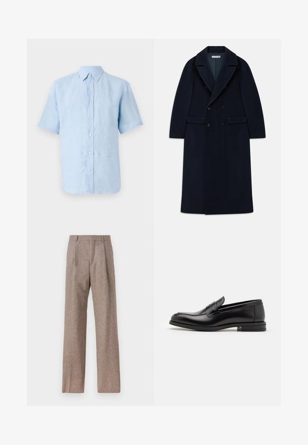 Tamsiai mėlynas dvigubos krūtinės ilgas vilnonis paltas su plačiais atvartais ir kišenėmis, skirtas šaltam orui.; Tiger of Sweden SPENSER - Marškiniai - summer sky; Rudos, aukšto liemens kelnes, pagamintas iš tekstūruotos medžiagos. Plati kojos, dvi priekinės klostės struktūrai. Tvarkingas apdailos darbai, be matomų detalių.; Juodos odinės loafers, turinčios lygų paviršių, apvalią noselę ir dekoratyvinę juostą per priekinę dalį. Žemas krentantis kulnas, minimalistinis dizainas.
