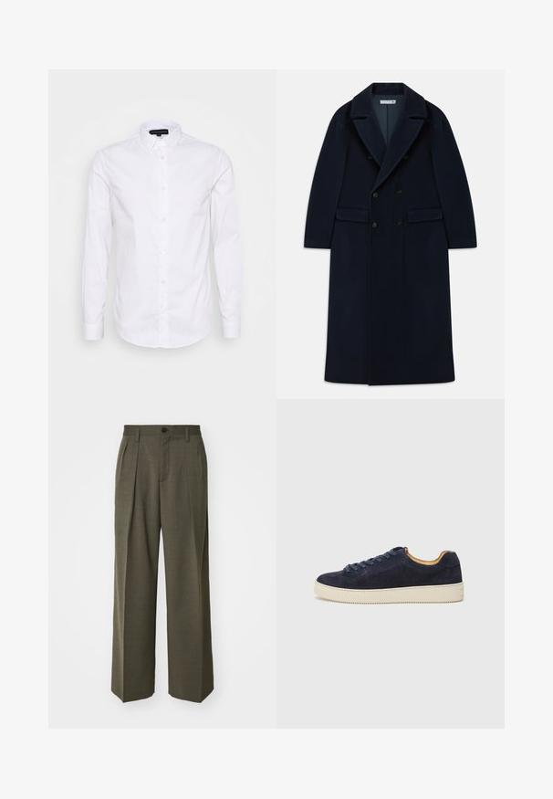 Tummansininen kaksirivinen pitkä villakangastakki leveillä lämmittävillä kauluksilla ja läpällisillä taskuilla, suunniteltu kylmää säätä varten.; Valkoinen pitkähihainen pusero, jossa on napillinen kaulus, valmistettu sileästä puuvillakankaasta, ja siinä on pieni logo rinnassa sekä napit edessä.; Filippa K WIDE TROUSERS - Housut - driftwood; Keinonsin nahka matala tennari pyöreällä varpaalla, vaaleanbeige kumipohja ja yhteensopivat nauhat; ominaisuuksiin kuuluu kontrastoiva vaaleanruskea sisävuori.