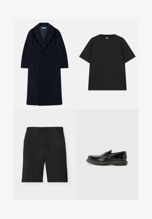 Tummansininen kaksirivinen pitkä villakangastakki leveillä lämmittävillä kauluksilla ja läpällisillä taskuilla, suunniteltu kylmää säätä varten.; Musta lyhythihainen t-paita, joka on valmistettu puuvillasta. Paita on pyöreäkauluksinen ja siinä on pieni logo yksityiskohta helman lähellä. Tasainen pinta, normaali istuvuus.; Mustat pellavahousut, joissa on nauhavyötärö, rento istuvuus ja polven pituinen muotoilu. Sileä rakenne, yksinkertainen ja klassinen tyyli.; Mustat nahkakengät, joissa on kiiltävä pinta, pyöreä kärki, huomaamaton ompelu ja paksu kumipohja kestävyyttä varten.