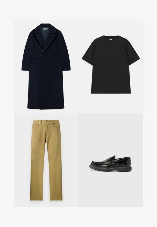 Námornícky modrý dvojradový dlhý vlněný kabát so širokými klopami a vreckami s chlopňami, navrhnutý do chladného počasia.; Čierne tričko s krátkym rukávom vyrobené z bavlny, s okrúhlym výstrihom a malým logom pri leme. Hladká textúra, bežný strih.; Olivovo zelené nohavice s rovnými nohavicami, predné vrecká, zapínanie na gombík a jemný textúrovaný vzor na látke.; Čierne kožené mokasíny s lesklým povrchom, okrúhlou špicou, subtilnými švami a hrubou gumovou podrážkou pre zvýšenú odolnosť.