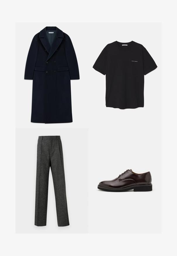 Marineblauer doppelt knöpfbarer, langer Wollmantel mit breiten Revers und Klappentaschen, entworfen für kaltes Wetter.; Schwarzes Baumwoll-T-Shirt mit Rundhalsausschnitt, kurzen Ärmeln und weißem Logodruck auf der linken Brust. Einfaches, einfarbiges Design.; Graue maßgeschneiderte Hose aus strukturiertem Stoff, mit zwei vorderen Falten und geradem Bein. Keine sichtbaren Taschen oder Verzierungen.; Braune Leder-Oxfordschuhe mit glänzender Oberfläche, runder Zehenform, Schnürdesign und einer dicken schwarzen Gummisohle. Nahtdetail im oberen Bereich.