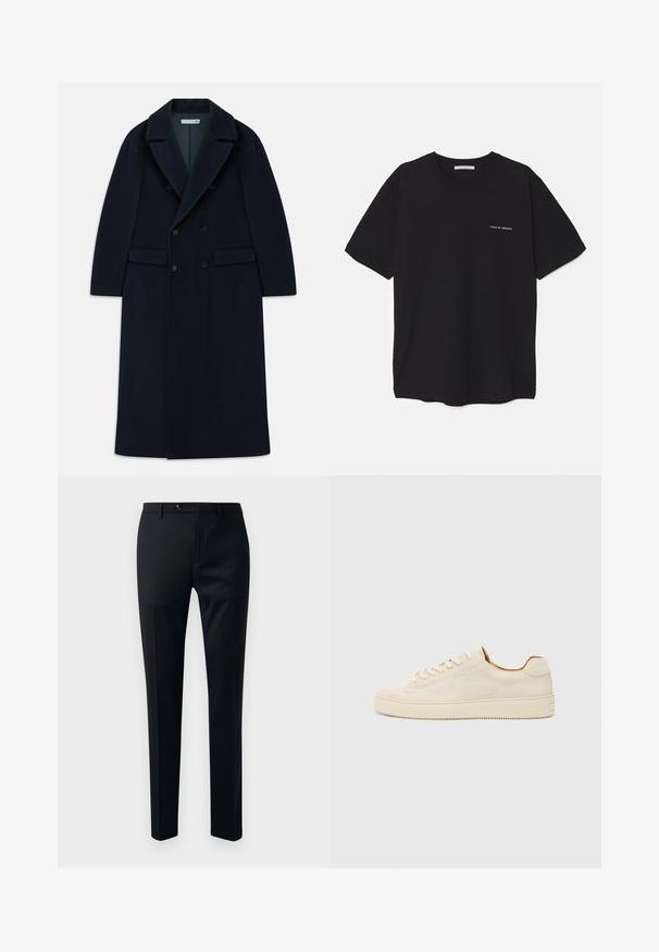 Sötétkék, dupla gombolású, hosszú gyapjúkabát széles hajtókákkal és zsebekkel, hideg időjárásra tervezve.; Fekete pamut T-shirt kerek nyakkivágással, rövid ujjakkal, és fehér logónyomattal a bal mellrészen. Egyszerű, egyszínű dizájn.; Fekete öltöny nadrág sima anyagból, szűkített szárú fazonban, egysoros gombos záródással és oldalsó zsebekkel a praktikum érdekében.; Beige velúr sportcipő alacsony fazonban, kerek orral, lapos fűzőkkel és texturált gumitalppal. Minimalista stílus, látható logók nélkül.