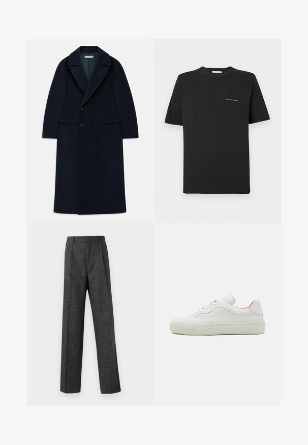 Navy blue double-breasted long wool coat with wide lapels and flap pockets, designed for cold weather.; Black cotton T-shirt with a crew neckline, short sleeves, and a small white "TIGER OF SWEDEN" logo on the chest. Classic fit.; Gray tailored trousers made of textured fabric, featuring two front pleats and a straight-leg design. No visible pockets or embellishments.; White leather sneaker with a round toe, flat laces, padded tongue, and textured midsole. Features a smooth finish and minimalistic design.