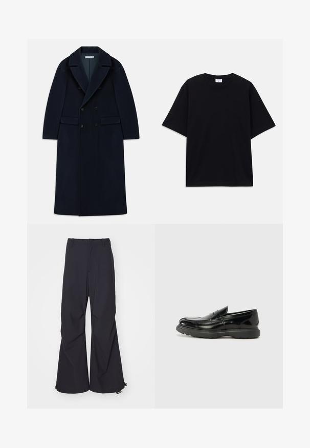 Marineblauer doppelt knöpfbarer, langer Wollmantel mit breiten Revers und Klappentaschen, entworfen für kaltes Wetter.; Schwarzes, oversized T-Shirt mit kurzen Ärmeln und rundem Ausschnitt, mit sichtbarem Filippa K Markenlabel im Kragen.; Marineblaue Schlaghosen aus einem glatten Stoff, mit zwei Vorderaschen und Zugband-Akzenten am Saum. Sauberes, maßgeschneidertes Design ohne Verzierungen.; Schwarze Lederloafer mit glanzendem Finish, abgerundetem Zehenbereich, subtilen Steppnähten und einer dicken Gummisohle für Langlebigkeit.