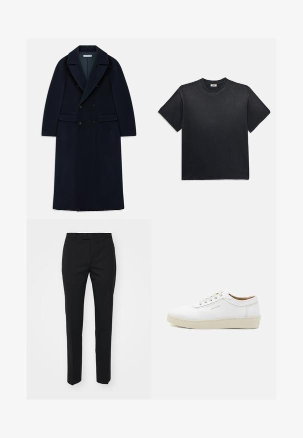 Abrigo largo de lana azul marino con doble botonadura, solapas anchas y bolsillos con solapa, diseñado para climas fríos.; Camiseta negra de algodón con cuello redondo y mangas cortas. Presenta un corte relajado, una textura suave y un diseño minimalista.; Pantalones negros con un diseño de pierna recta, hechos de una tela suave. Presentan pliegues frontales, bolsillos laterales y una cintura plana.; Zapatilla blanca de cuero con un acabado texturizado, punta redonda, suela de goma beige y seis ojales para cordones grises, con un discreto logotipo en el lateral.
