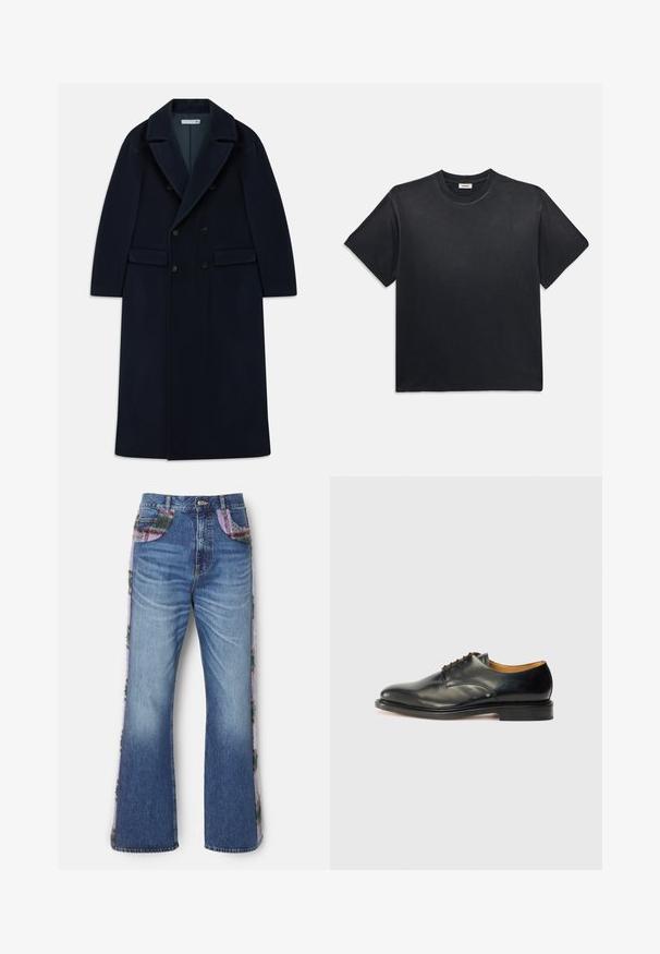 Tumedast sinine kahepaneelne pikk villane mantel laiate klappidega ja flapi taskutega, mis on mõeldud külmade ilmade jaoks.; Must märk puuvillane T-särk ümmarguse kaelusega ja lühikeste varrukatega. Omab lõdvat istuvust, sujuvat tekstuuri ja minimalistlikku disaini.; Laiendatud sinised teksad dekoratiivsete külgsirgete paneelidega, millel on mitmevärviline karvane tekstuur ja kontrastsed kangast aktsendid taskutel.; Must musta kingad, millel on sile pind, ümar nina ja minimaalne paelamine. Omab peent disaini ja madalat, tugevat kummist tallat.