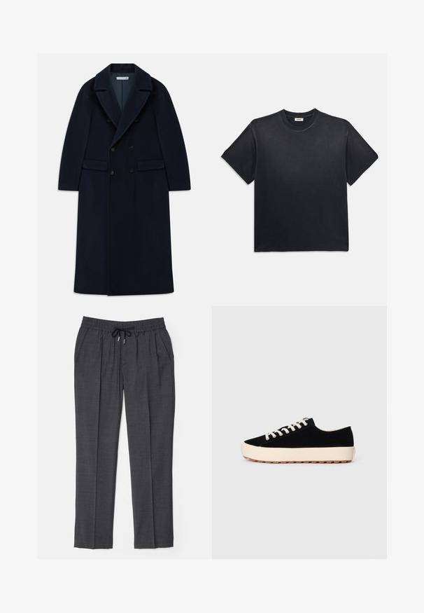 Námořnicky modrý dlouhý vlněný kabát s dvojitým zapínáním, širokými klopami a klopovými kapsami, navržený pro chladné počasí.; Černé bavlněné tričko s kulatým výstřihem a krátkým rukávem. Má uvolněný střih, hladkou strukturu a minimalistický design.; Tmavě šedé elastické kalhoty s černým stahováním v pase, bočními kapsami a rovně střiženými nohavicemi.; Černé semišové tenisky s krémovou gumovou podrážkou, kulatou špičkou a krémovými tkaničkami. Vlastnosti zahrnují texturovanou podrážku s drážkami pro lepší přilnavost.