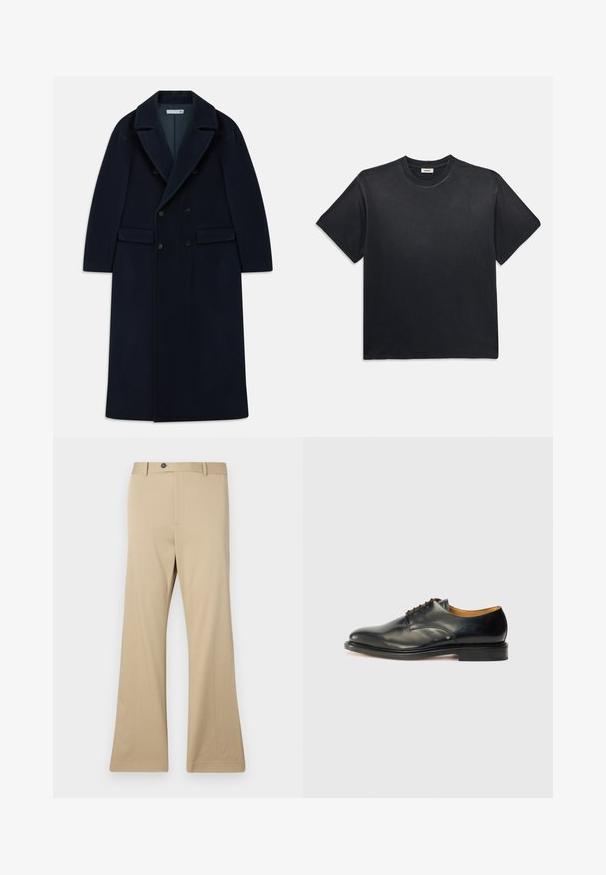 Granatowy, podwójnie zapięty długi płaszcz wełniany z szerokimi klapami i kieszeniami z klapami, zaprojektowany na zimną pogodę.; Czarna bawełniana koszulka z okrągłym dekoltem i krótkimi rękawami. Charakteryzuje się luźnym krojem, gładką teksturą oraz minimalistycznym wzornictwem.; Beżowe spodnie w szerokim kroju, wykonane z gładkiego materiału. Posiadają zapięcie na guzik, kieszenie z przodu oraz dopasowany krój w okolicy bioder, rozszerzający się do szerokiej nogawki.; Czarne skórzane buty eleganckie z gładkim wykończeniem, okrągłym noskiem i minimalnym sznurowaniem. Charakteryzują się subtelnym wzornictwem oraz niską, solidną gumową podeszwą.