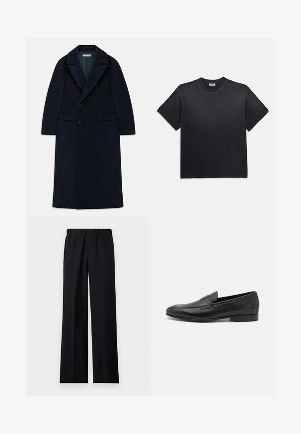 Mørkeblå dobbeltbrystet lang uldfrakke med brede revers og klaplommer, designet til koldt vejr.; Sort bomuld t-shirt med rund halsudskæring og korte ærmer. Har en afslappet pasform, glat tekstur og minimalistisk design.; sandro LARGE - Bukser - noir; Sort læder herre loafers med lav hæl og et klassisk penny strap design, vist i sideprofil på en hvid baggrund.